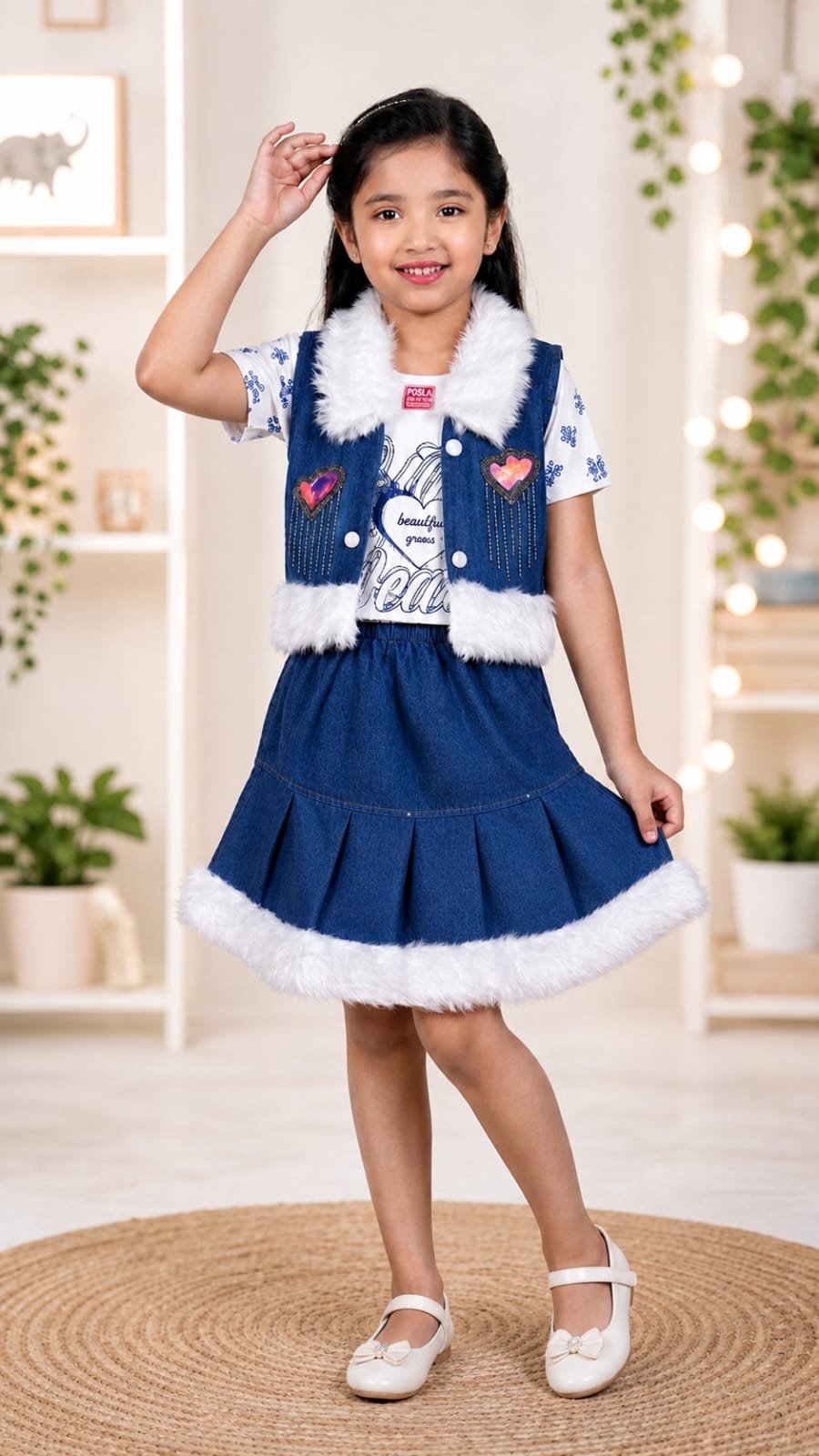 Printed Girls Top, Skirt & Denim Jacket Set - Image 3