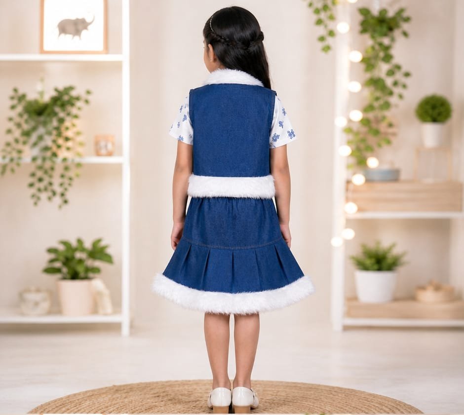 Printed Girls Top, Skirt & Denim Jacket Set - Image 2