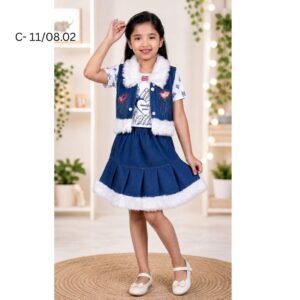 Printed Girls Top, Skirt & Denim Jacket Set