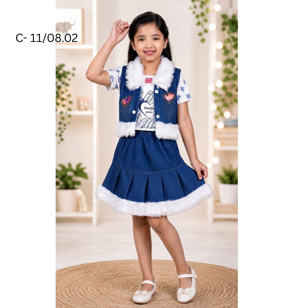Printed Girls Top, Skirt & Denim Jacket Set